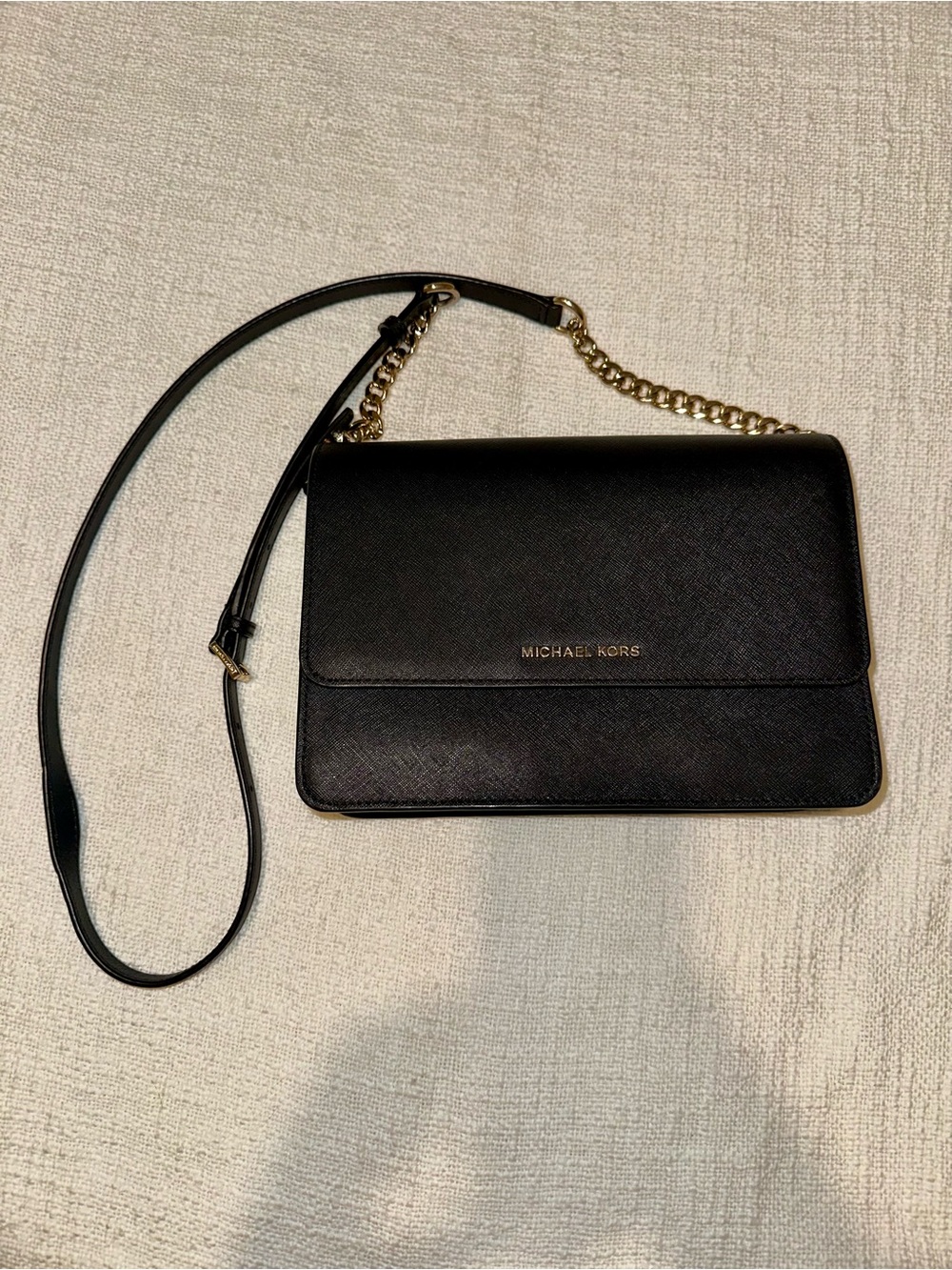 Michael Kors Black Leather Crossbody with Gold-Tone Chain